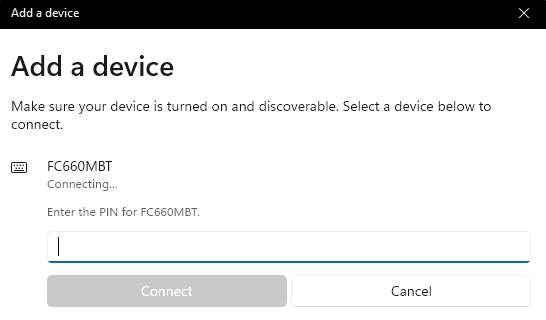Windows dialog for adding a new Bluetooth device. It is asking the user to enter a PIN for the device FC660MBT.